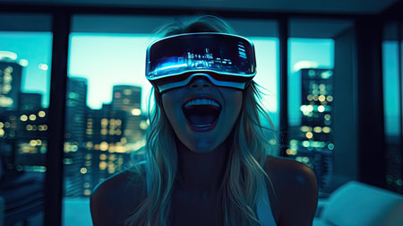 Young woman wearing VR goggles with a joyful expression, experiencing a virtual travel adventure.の素材