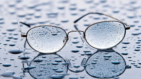 Wet eyeglasses with water droplets on the lenses, lying on a reflective surface, creating a clean, abstract composition.の素材