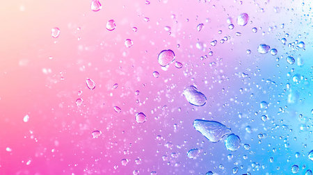 A colorful abstract splash of water droplets against a gradient blue and pink background.の素材