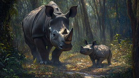 A young Javan rhino calf exploring its surroundings, with its mother watching protectively nearby.の素材