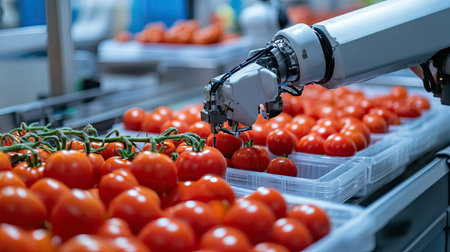 A robotic arm placing tomatoes into plastic trays on a high-speed packaging line in a modern food plantの素材