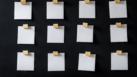 A neatly organized black corkboard featuring blank paper squares pinned in a grid layout.の素材