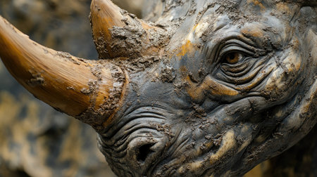 A close-up of a Javan rhino's horn and face, with details of mud and dirt on its skin.の素材
