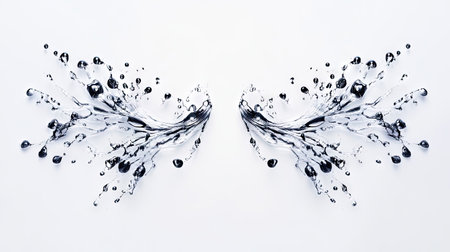 A symmetrical water splash captured mid-air, frozen with droplets scattering, isolated on white.の素材