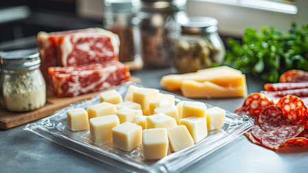 A transparent pack of cheese cubes placed on a kitchen counter with other charcuterie ingredients nearbyの素材