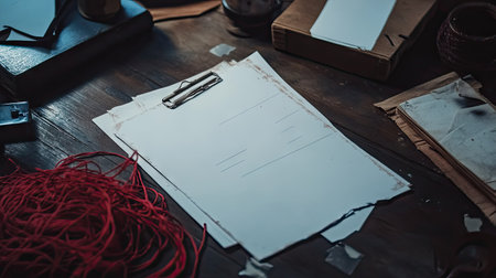 A partially used detective board with blank papers and a tangled bundle of red string resting on a desk nearby.の素材