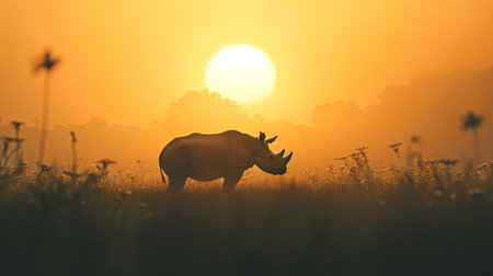 A scenic shot of a Javan rhino silhouetted against the setting sun in its natural habitat.の素材