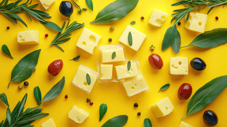 A vibrant cheese platter featuring cubes from a freshly opened plastic package, surrounded by olives and herbsの素材