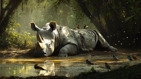 A serene image of a Javan rhino lying down near a waterhole, surrounded by small forest birds.の素材