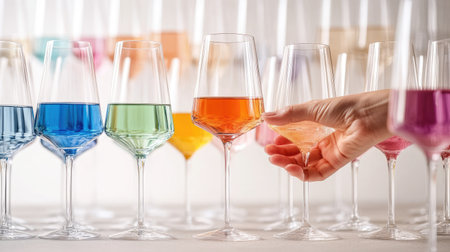 A sommelier's hands holding a wine glass, assessing the color against a backdrop of filled glassesの素材