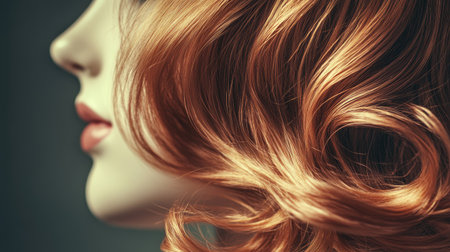 A wavy auburn wig on a white mannequin head, positioned artistically with soft lighting.の素材