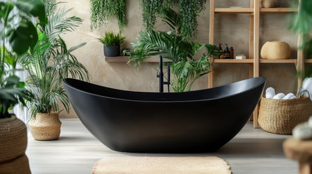 A contemporary bathroom with a matte black bathtub, minimalist shelving, and stylish decor elements.の素材
