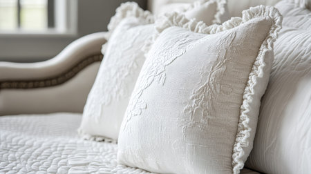 A close-up of a luxury white pillow with fine stitching and soft textures, placed elegantly on a designer bed.の素材