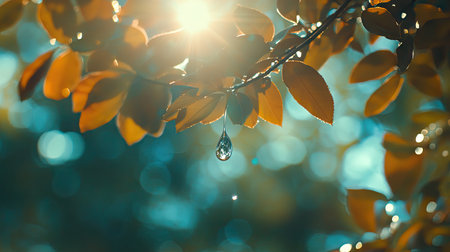 A water drop falling through clear air, surrounded by a soft bokeh effect.の素材