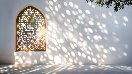 A window with a sleek visor casting intricate shadows on the white wall, with soft sunlight filtering throughの素材