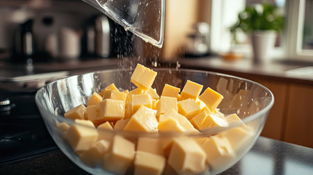 Opened plastic pack of cheese cubes being poured into a mixing bowl on a kitchen counterの素材