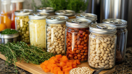 Open cans of beans, mixed vegetables, and fish, displayed on a cutting board with herbs and spices for meal prepの素材