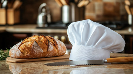 A white chef hat resting on a kitchen counter next to a sharp knife and a fresh loaf of breadの素材