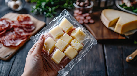 A person holding a pack of cheese cubes in plastic wrapping, with a charcuterie board in the backgroundの素材