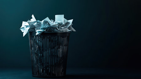 A dramatic lighting shot of a trash bin overflowing with rejected papers, against a dark gradient background.の素材