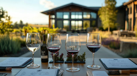 A tasting flight with wine glasses, tasting notes, and a view of a rustic winery in the backgroundの素材