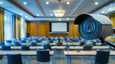 A wide-angle view of a CCTV camera installed in a large conference room, with tables and chairs arranged for a meetingの素材