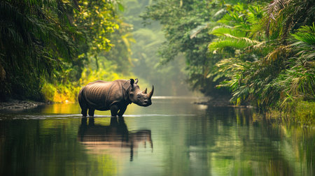 A peaceful Javan rhino walking beside a calm forest river, with tropical vegetation reflected in the water.の素材