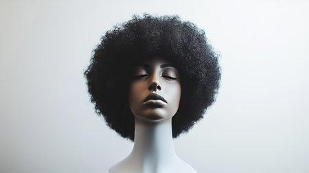 A textured afro wig on a white mannequin head, highlighted against a plain white background.の素材