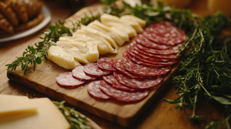 A wooden chopping board with slices of salami and cheese arranged neatly, surrounded by fresh herbs.の素材