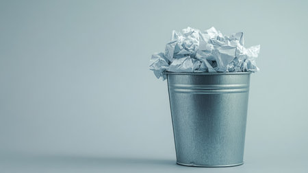 A close-up of a filled trash can with crumpled paper, isolated on a neutral background, symbolizing creativity and frustration.の素材