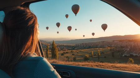 A woman sitting inside a parked car with the window rolled down, watching hot air balloons float over a valleyの素材