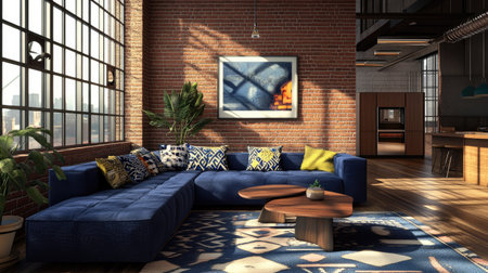 A contemporary loft-style living space with a deep navy-blue couch, decorated with geometric-patterned cushions.の素材