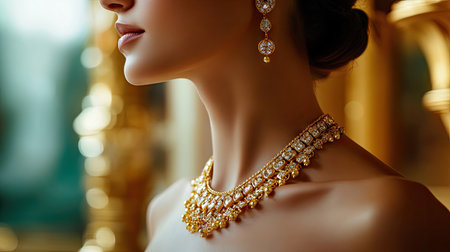 A woman wearing an elegant gold necklace and matching earrings, with a soft-focus background of luxury decorの素材