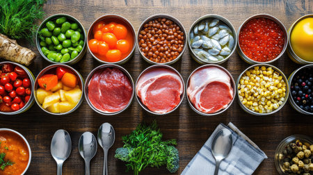 Open cans of fruits, vegetables, and meat neatly placed on a dining table with spoons and napkinsの素材