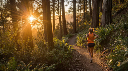 A runner on a forest trail during sunrise, with sun flares streaking through the trees.の素材