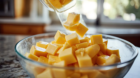 Opened plastic pack of cheese cubes being poured into a mixing bowl on a kitchen counterの素材