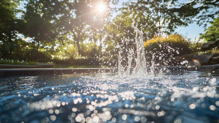 A wide-angle shot of water splashing into a pool, with sunlight refracting through droplets.の素材