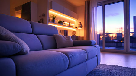 A comfortable recliner sofa with cushioned armrests, set in a contemporary living room with soft ambient lighting.の素材