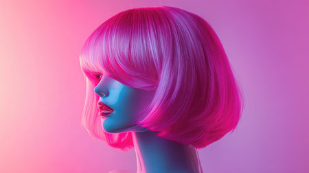 A vibrant pink wig styled into a layered cut, displayed on a white mannequin head with a gradient backdrop.の素材