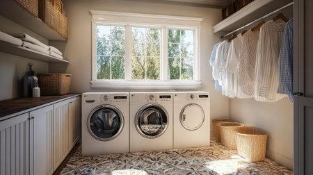 A cozy, functional laundry room with a washer and dryer, decorative tile flooring, and hanging rods for air-drying clothes.の素材