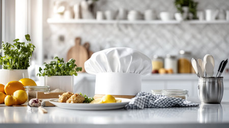 A white chef hat resting on a countertop, with freshly plated dishes and culinary tools ready for servingの素材