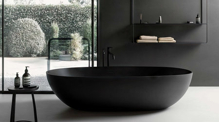 A contemporary bathroom with a matte black bathtub, minimalist shelving, and stylish decor elements.の素材