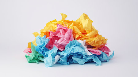 A heap of discarded crumpled paper, isolated on a bright white background, representing creative struggles.の素材