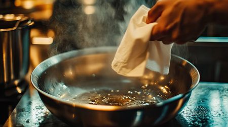 A clean stainless frying pan being wiped with a white paper napkin, showing reflections of kitchen lights.の素材