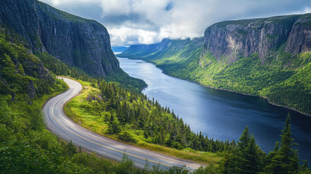 A winding mountain highway overlooking a wide river surrounded by lush forests and steep cliffsの素材
