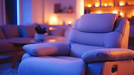 A comfortable recliner sofa with cushioned armrests, set in a contemporary living room with soft ambient lighting.の素材