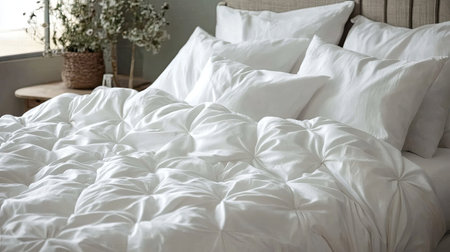A cozy, inviting bed with fresh white pillows and a stylish, textured duvet cover.の素材