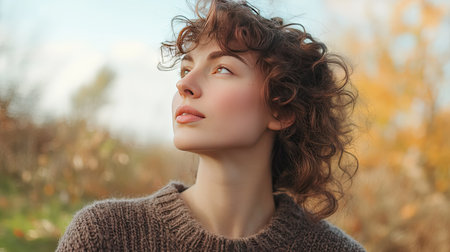 A woman with rich, curly hair, standing outdoors in the fall, wearing a cozy sweater and looking off into the distanceの素材