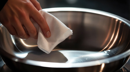 A close-up of fingers holding a white napkin, cleaning a shiny stainless steel frying pan.の素材