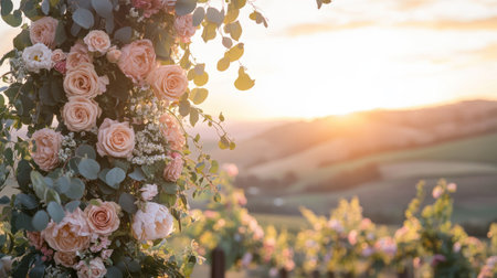 A dreamy floral wedding arch with cascading roses and eucalyptus leaves, set in a vineyard overlooking rolling hills at sunset.の素材
